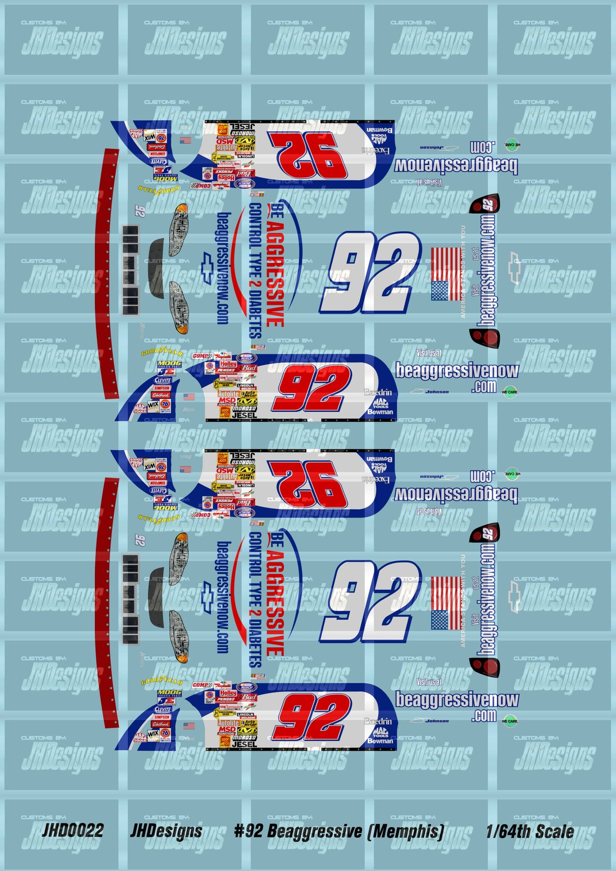 JH Designs Jimmie Johnson 2001 NBS #92 Beagressive.com (Memphis Race Version) 1:64 Racecar Decal Set