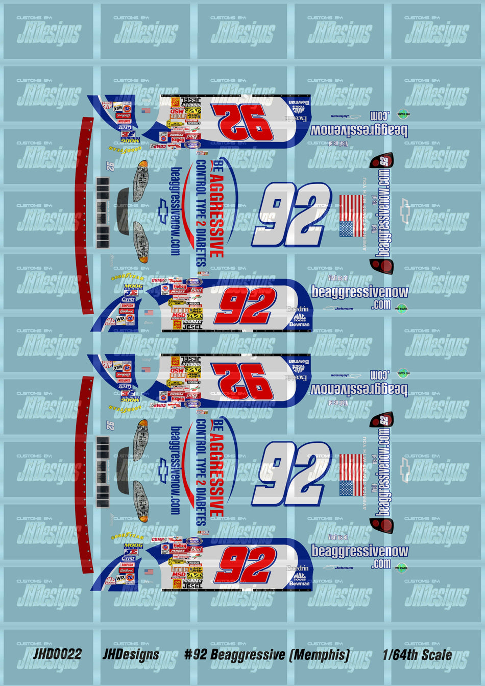 JH Designs Jimmie Johnson 2001 NBS #92 Beagressive.com (Memphis Race Version) 1:64 Racecar Decal Set