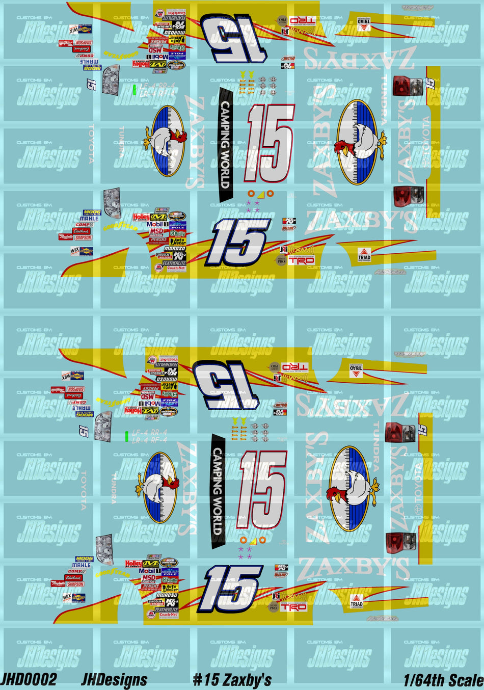 JH Designs Aric Almirola 2009 CTS #15 Zaxby's Toyota Tundara 1:64 Racecar Decal Set